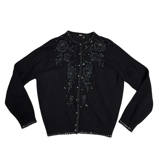 Vintage 1980s Wool Cardigan Sweater Women's EU 38 Black Floral Beadwork Evening - Picture 2 of 8